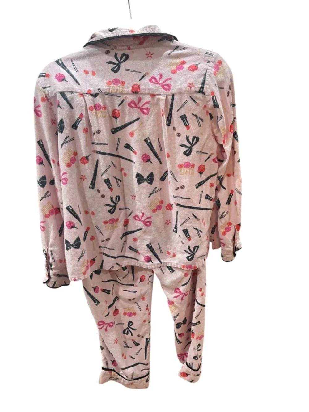 Kate Spade 2 PC Flannel Pajama Set Lipstick Bows Flowers SZ M Pink Black